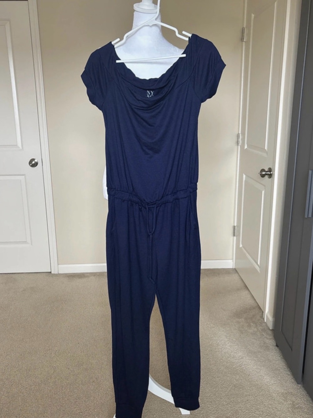 New York & Company Navy Cowl-Neck Short Sleeve Jumpsuit
